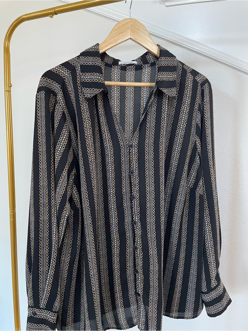 Pleione Black and Cream Vertical Stripe Button-Down Shirt